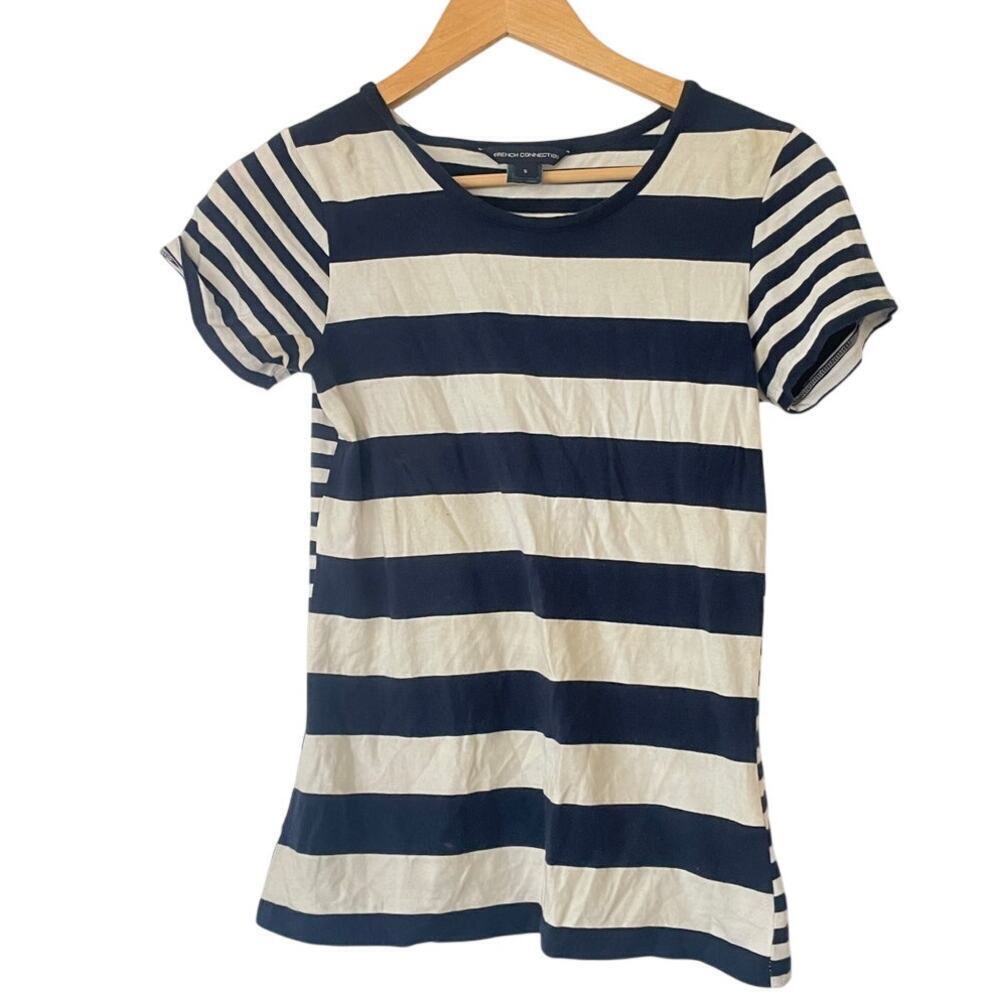 French Connection Cotton Blend Blue and White Contrast Stripe T-Shirt • Sz S ⬇️
